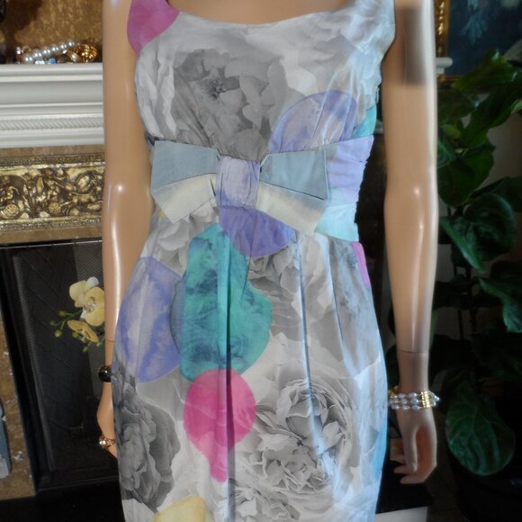 Moschino Cheap&chic Gray Multi Rose Print Sheath Dress w/Front Bow Detail Size 8 - Picture 9 of 16